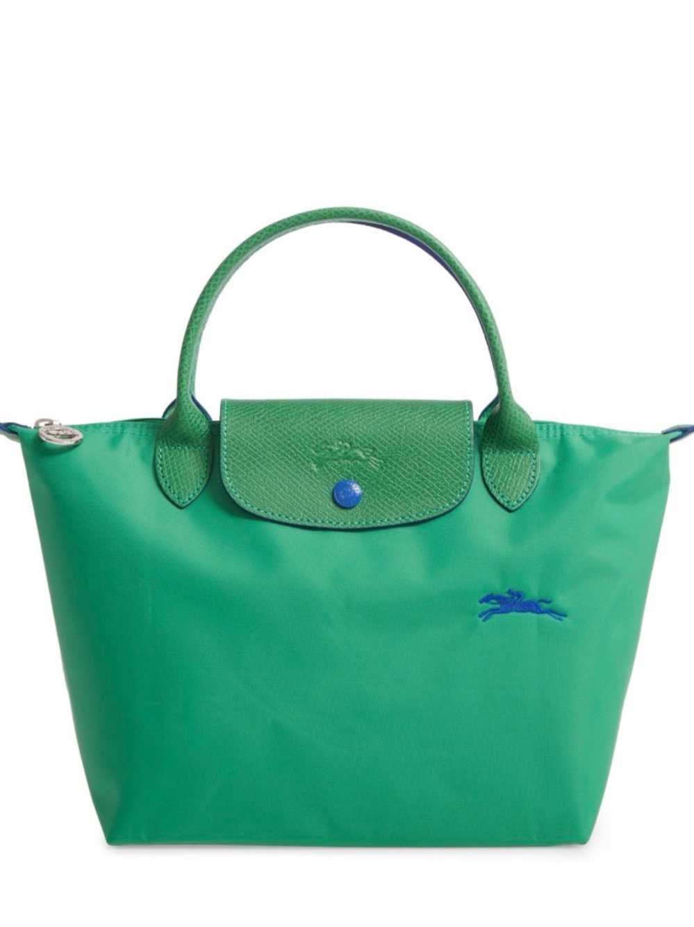 Longchamp green nylon top-handle tote with blue logo